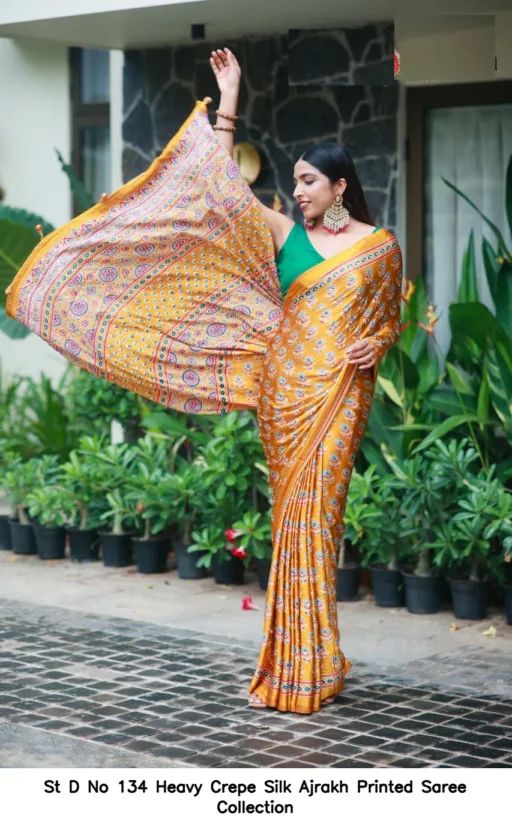 St D No 134 Heavy Crepe Silk Ajrakh Printed Saree Collection
