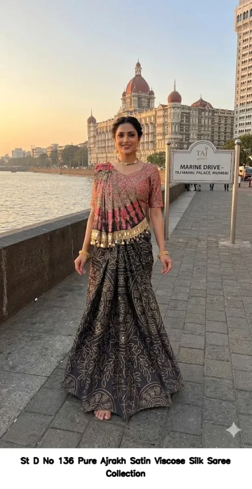 St D No 136 Pure Ajrakh Satin Viscose Silk Saree Collection