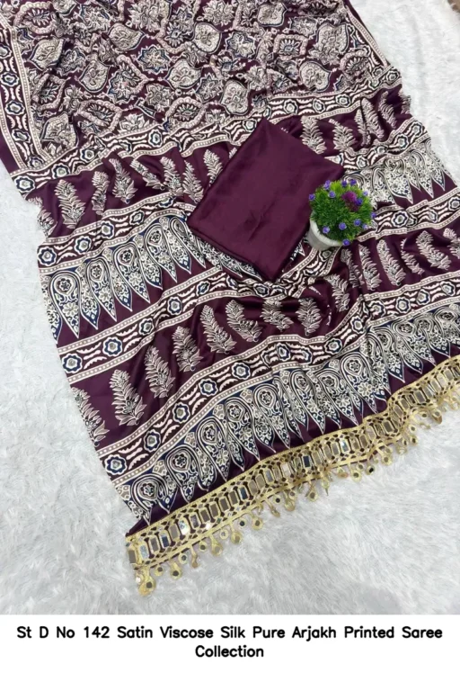 St D No 142 Satin Viscose Silk Pure Arjakh Printed Saree Collection