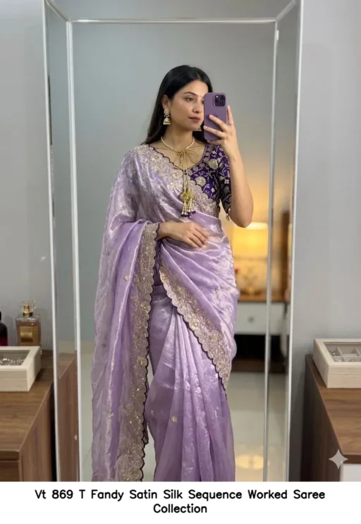 Vt 869 T Fandy Satin Silk Sequence Worked Saree Collection
