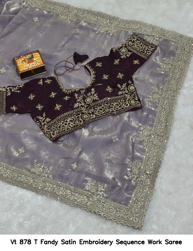 Vt 878 T Fandy Satin Embroidery Sequence Work Saree - Image 4