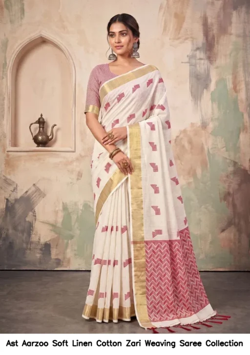 Ast Aarzoo Soft Linen Cotton Zari Weaving Saree Collection