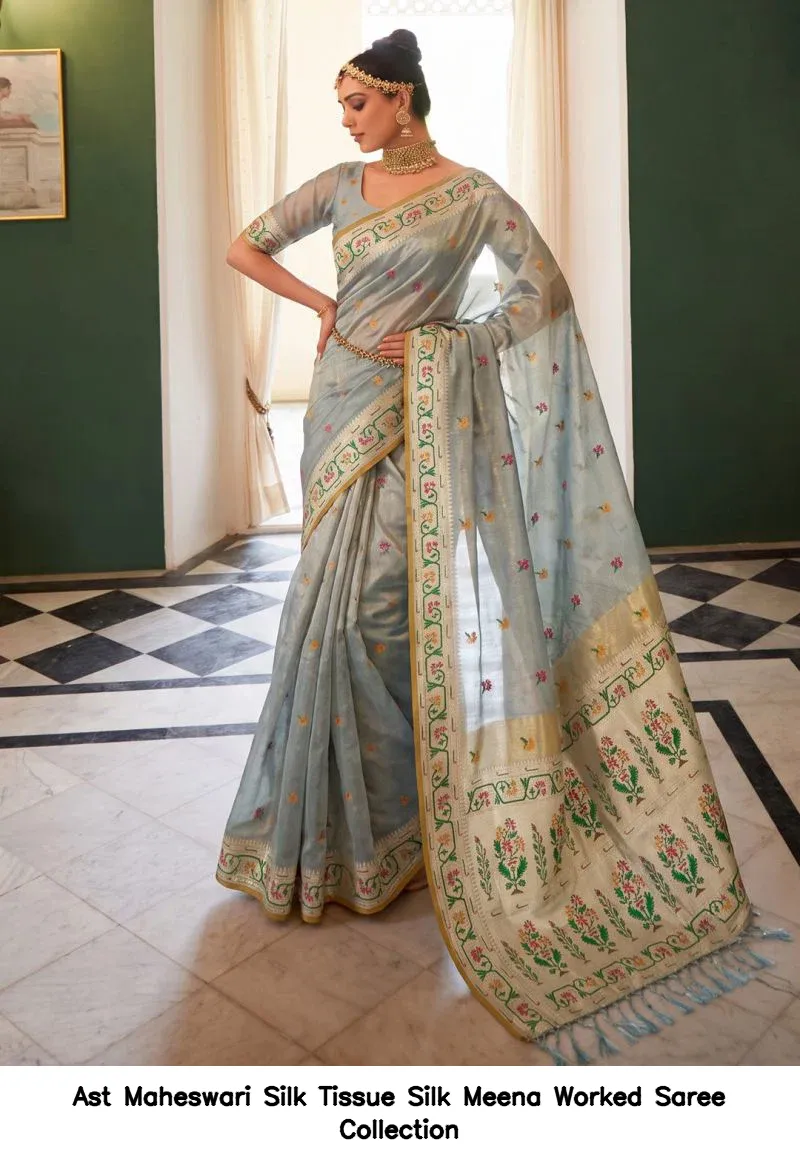 Ast Maheswari Silk Tissue Silk Meena Worked Saree Collection