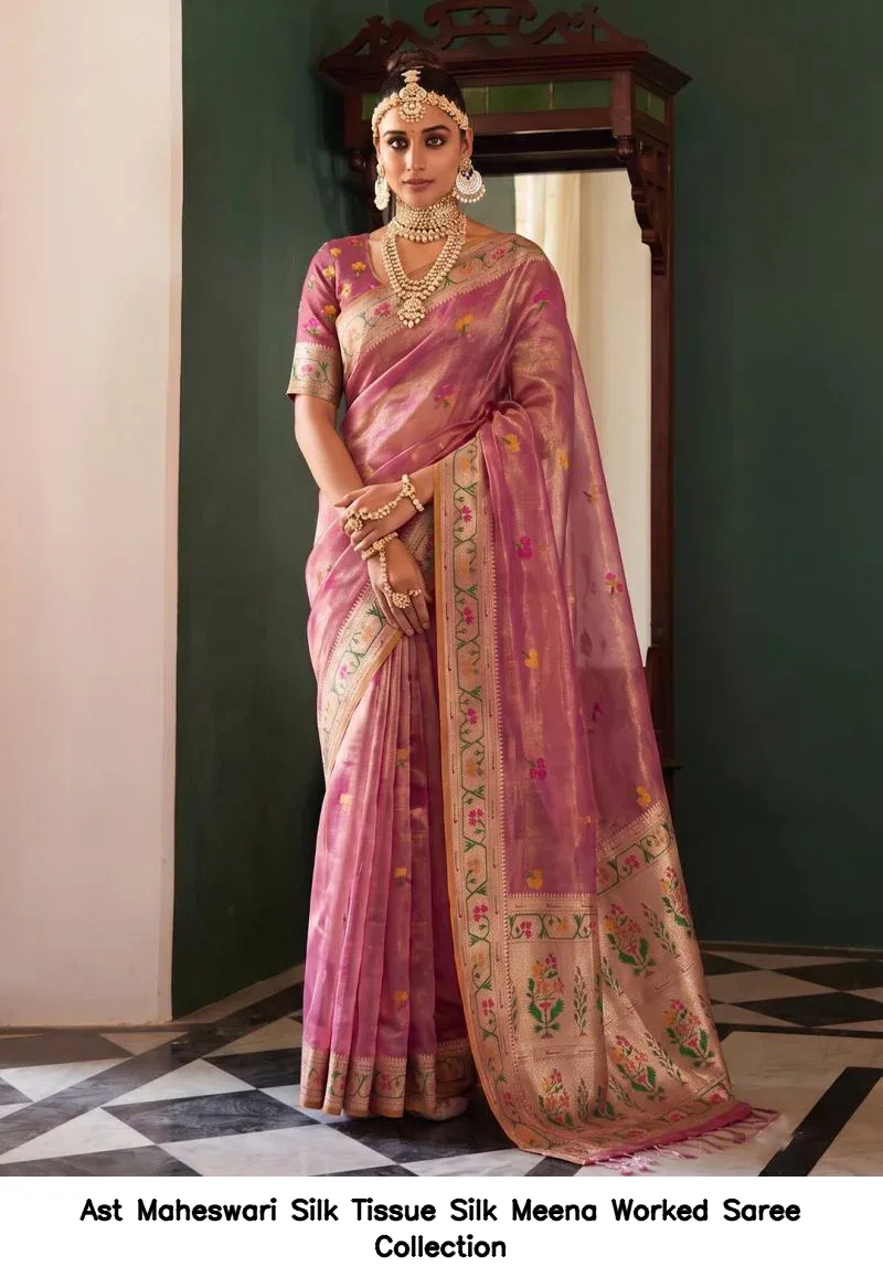 Ast Maheswari Silk Tissue Silk Meena Worked Saree Collection - Image 3