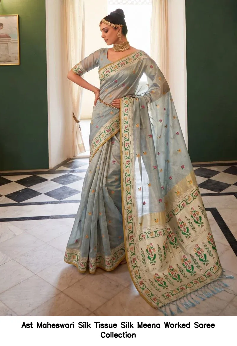 Ast Maheswari Silk Tissue Silk Meena Worked Saree Collection - Image 6