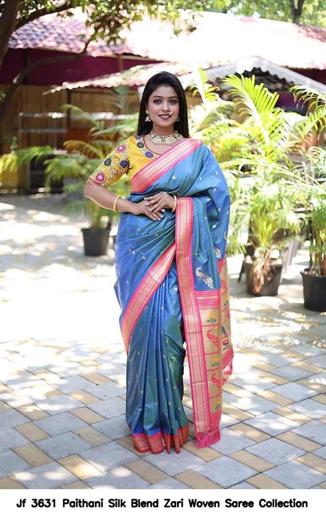 Jf 3631 Paithani Silk Blend Zari Woven Saree Collection - Image 11