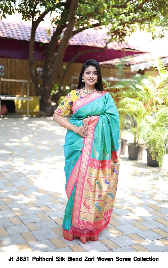 Jf 3631 Paithani Silk Blend Zari Woven Saree Collection - Image 9