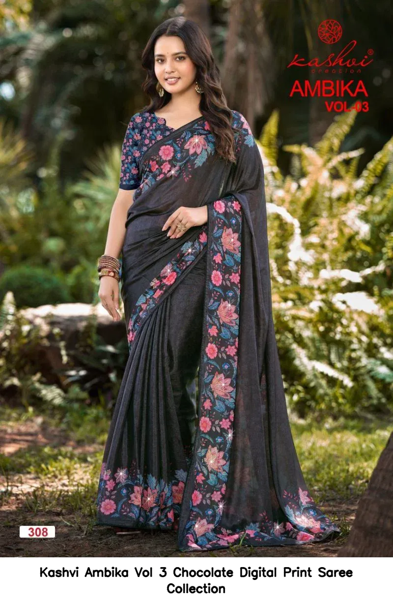 Kashvi Ambika Vol 3 Chocolate Digital Print Saree Collection - Image 9