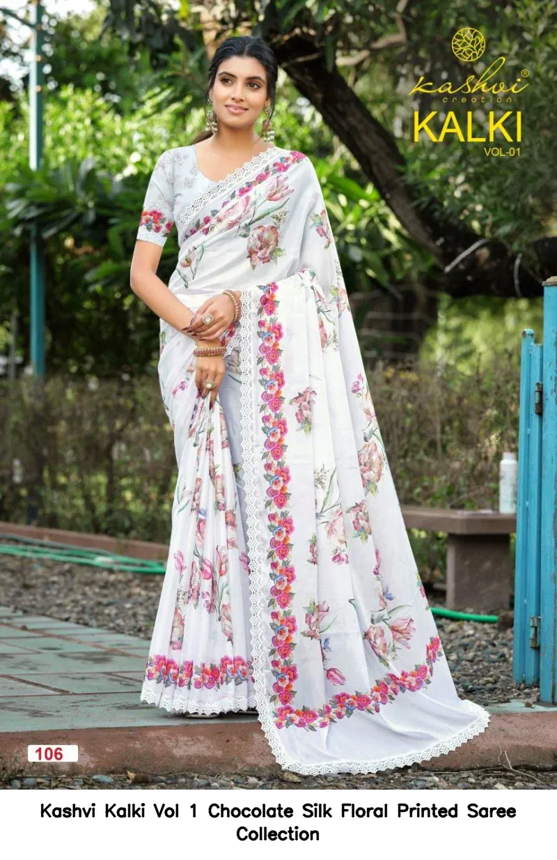 Kashvi Kalki Vol 1 Chocolate Silk Floral Printed Saree Collection - Image 12