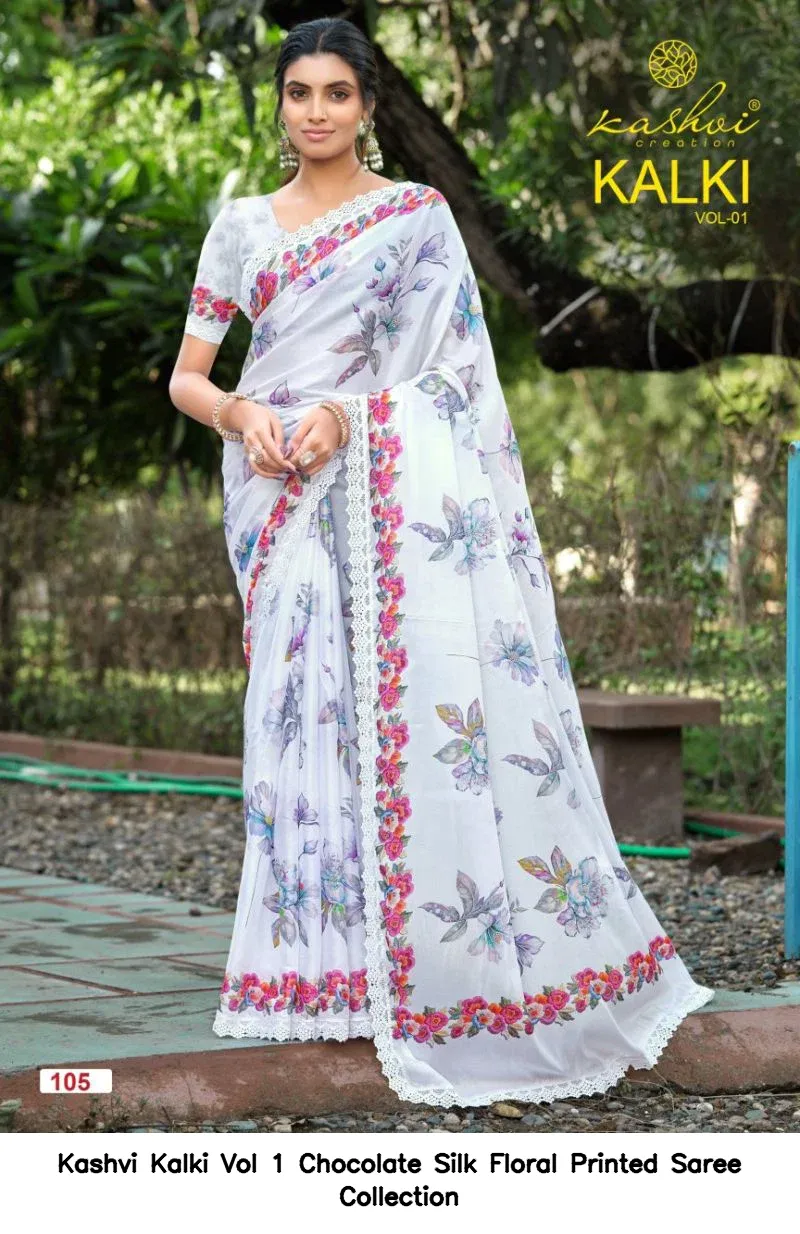 Kashvi Kalki Vol 1 Chocolate Silk Floral Printed Saree Collection - Image 13