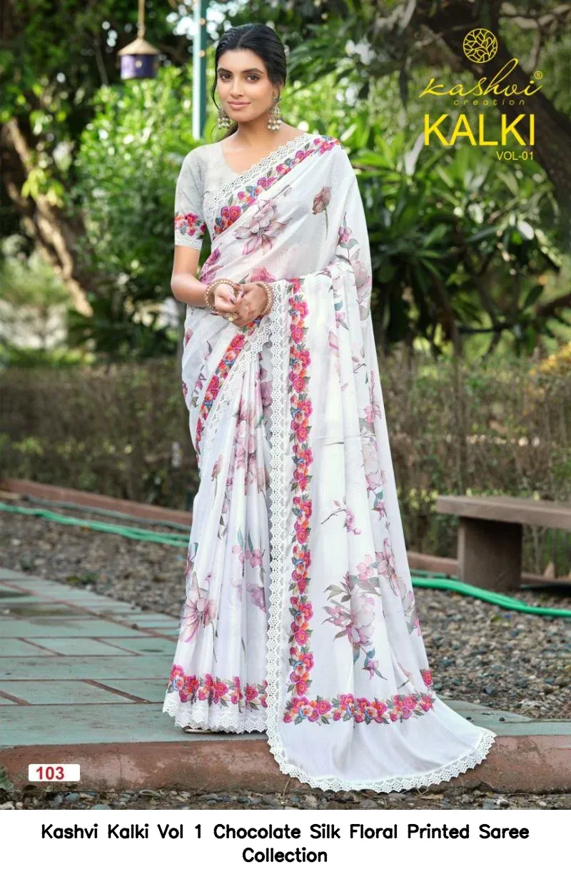 Kashvi Kalki Vol 1 Chocolate Silk Floral Printed Saree Collection - Image 3