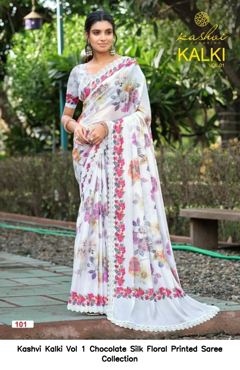 Kashvi Kalki Vol 1 Chocolate Silk Floral Printed Saree Collection - Image 5
