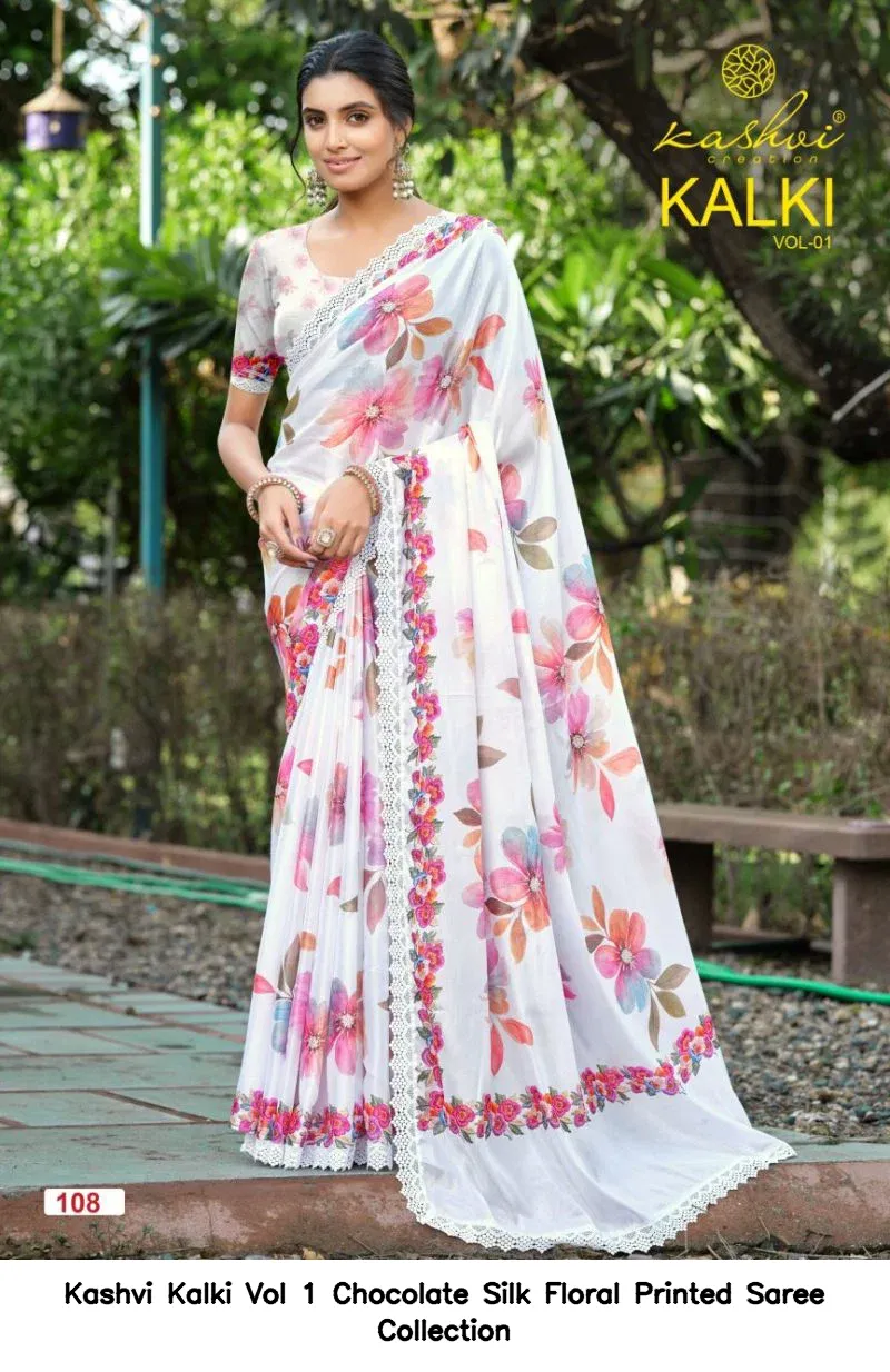 Kashvi Kalki Vol 1 Chocolate Silk Floral Printed Saree Collection - Image 6