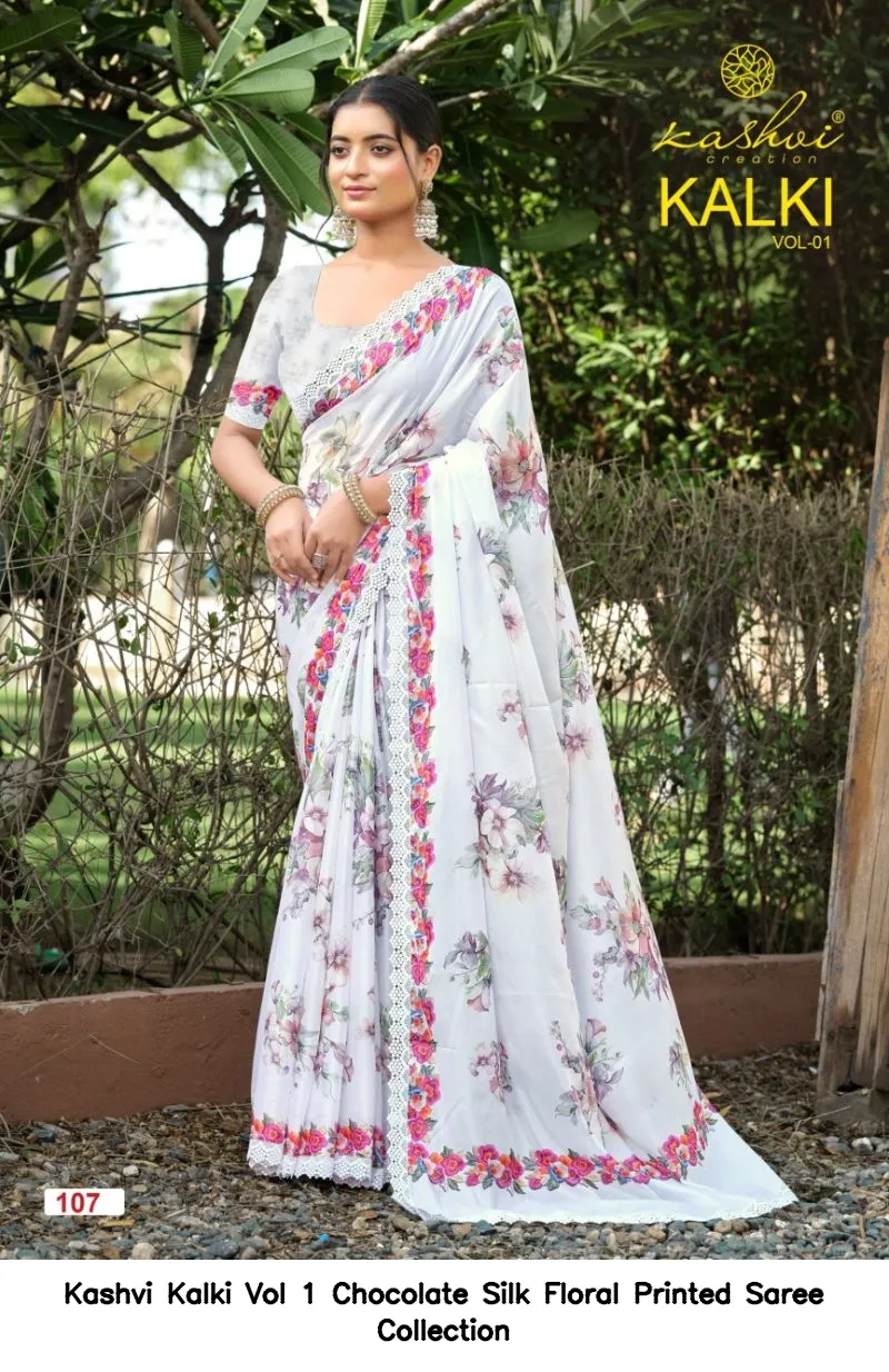 Kashvi Kalki Vol 1 Chocolate Silk Floral Printed Saree Collection - Image 7