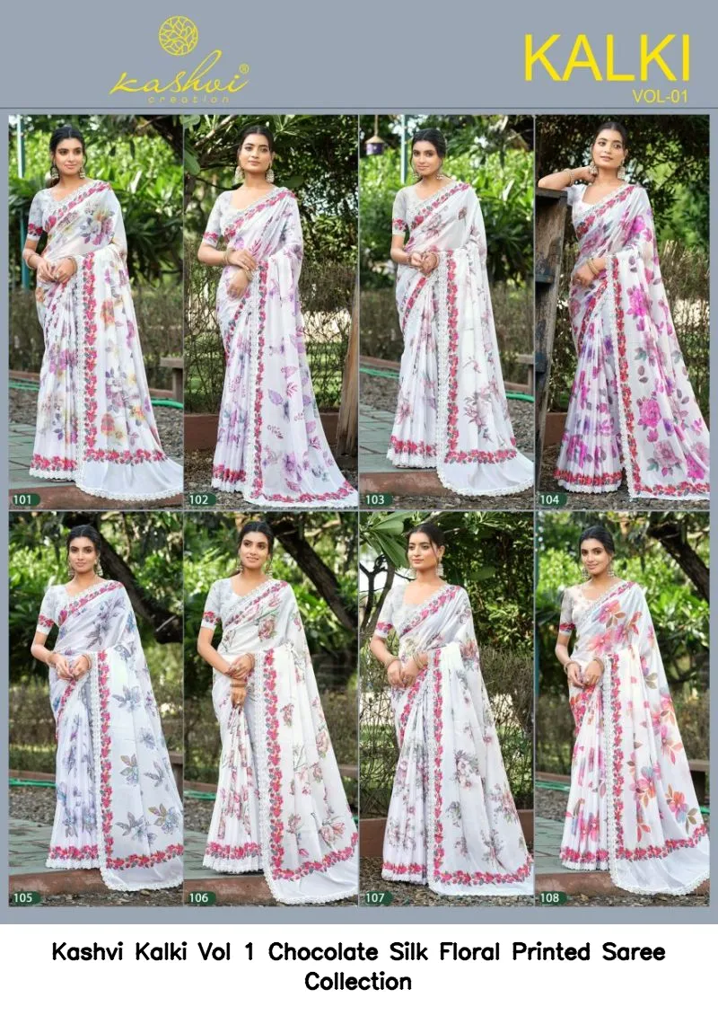 Kashvi Kalki Vol 1 Chocolate Silk Floral Printed Saree Collection - Image 9