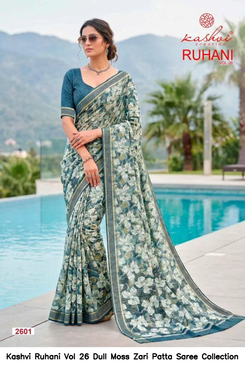 Kashvi Ruhani Vol 26 Dull Moss Zari Patta Saree Collection - Image 10