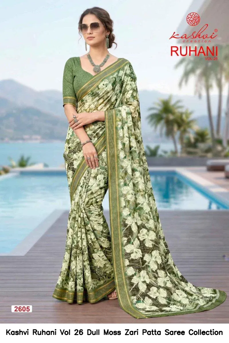 Kashvi Ruhani Vol 26 Dull Moss Zari Patta Saree Collection - Image 4