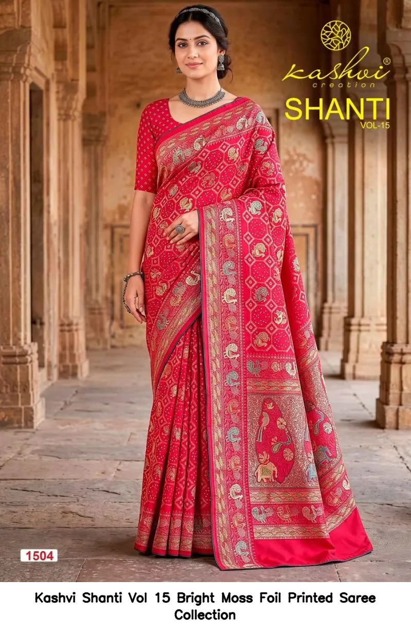 Kashvi Shanti Vol 15 Bright Moss Foil Printed Saree Collection - Image 10