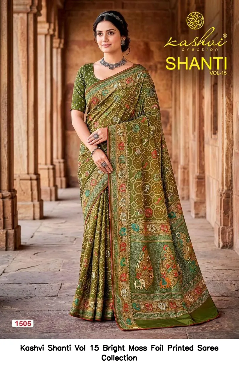 Kashvi Shanti Vol 15 Bright Moss Foil Printed Saree Collection - Image 2