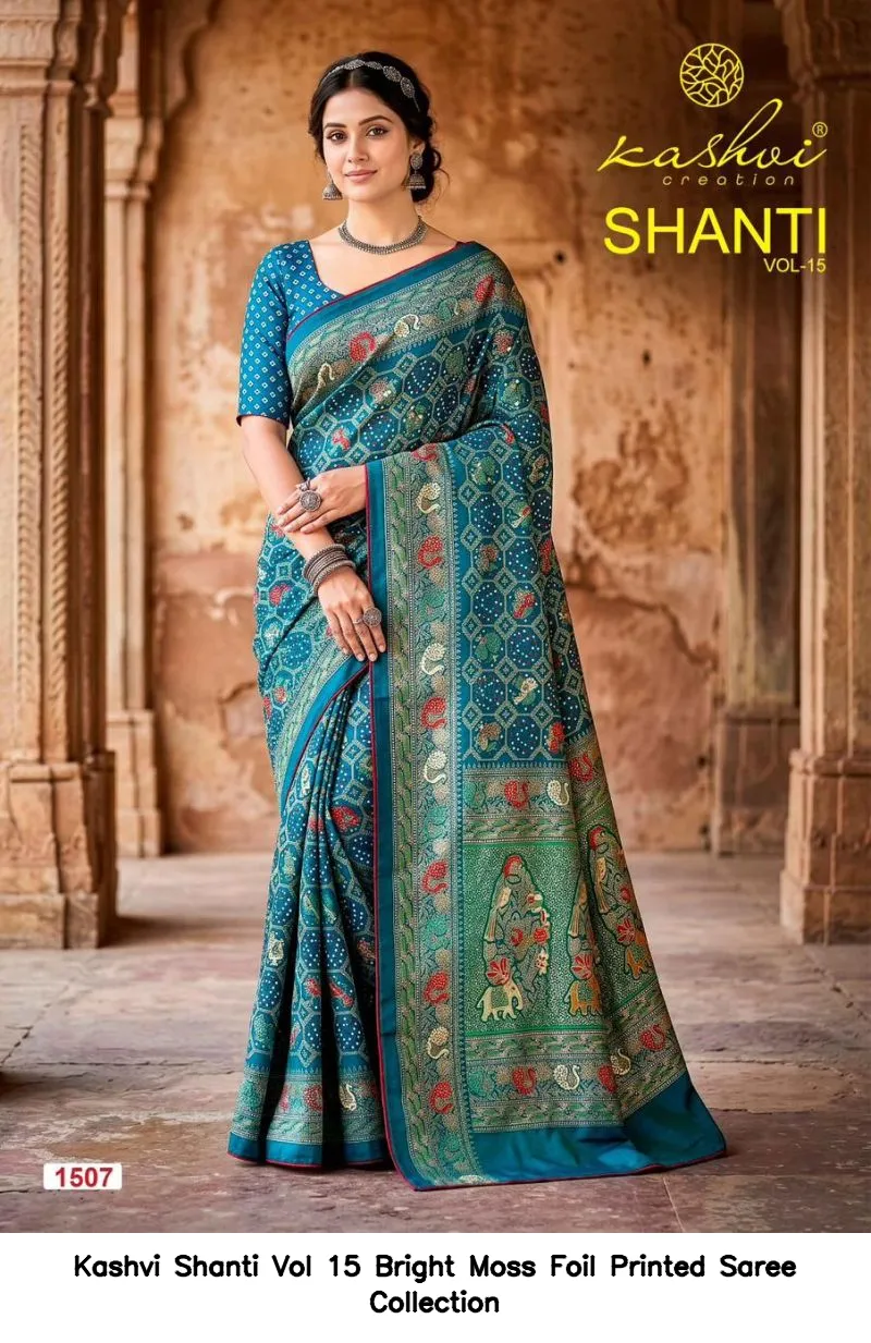 Kashvi Shanti Vol 15 Bright Moss Foil Printed Saree Collection - Image 3