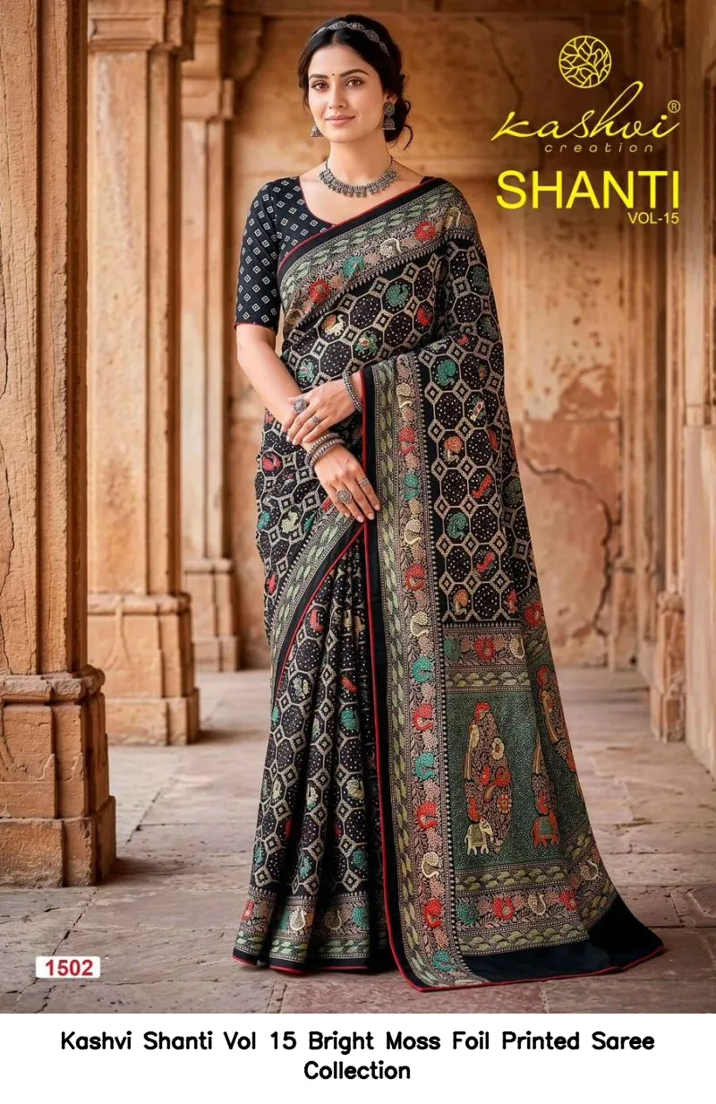 Kashvi Shanti Vol 15 Bright Moss Foil Printed Saree Collection - Image 4