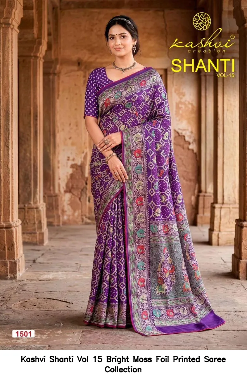 Kashvi Shanti Vol 15 Bright Moss Foil Printed Saree Collection - Image 6