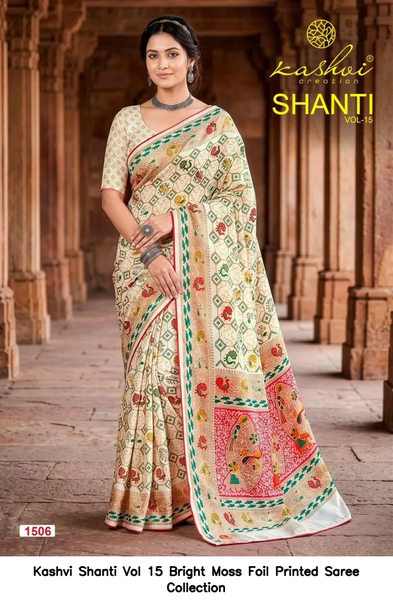 Kashvi Shanti Vol 15 Bright Moss Foil Printed Saree Collection - Image 7