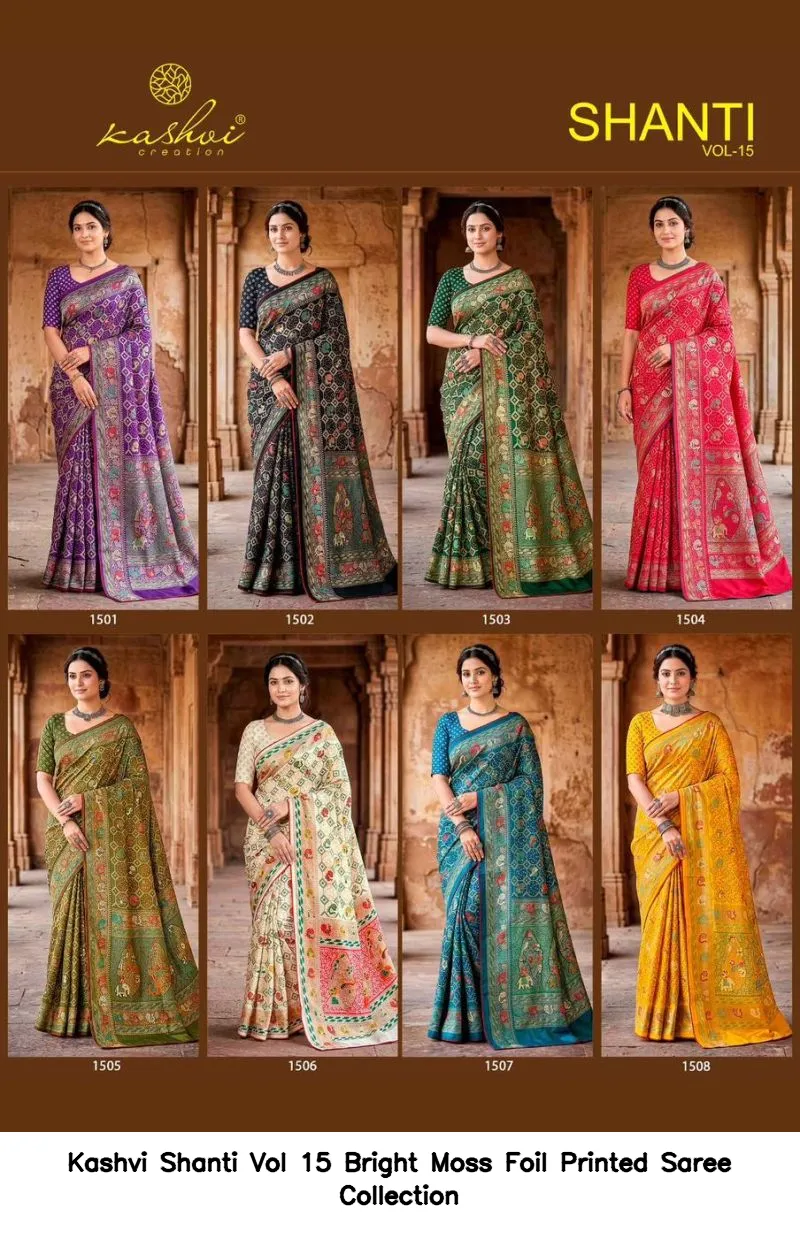 Kashvi Shanti Vol 15 Bright Moss Foil Printed Saree Collection - Image 8