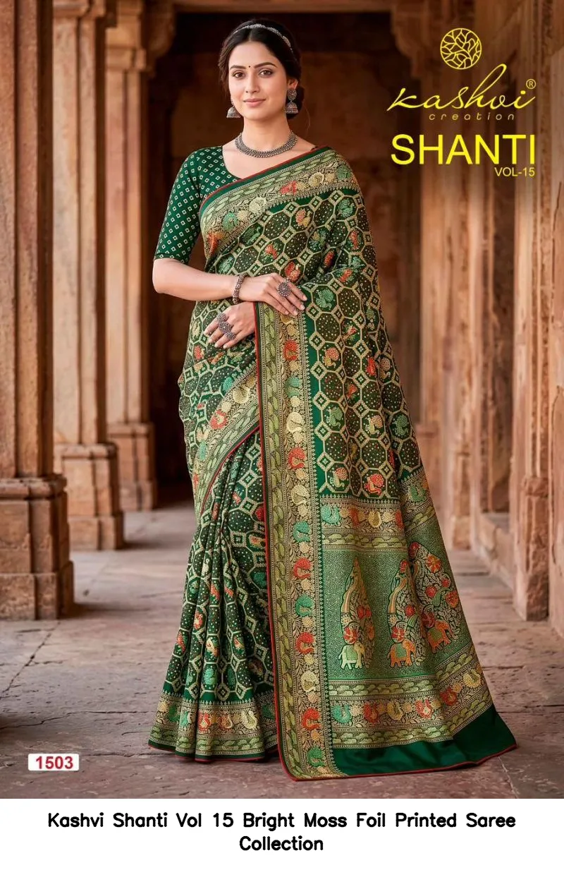 Kashvi Shanti Vol 15 Bright Moss Foil Printed Saree Collection - Image 9