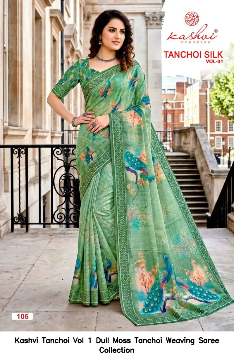 Kashvi Tanchoi Vol 1 Dull Moss Tanchoi Weaving Saree Collection - Image 2