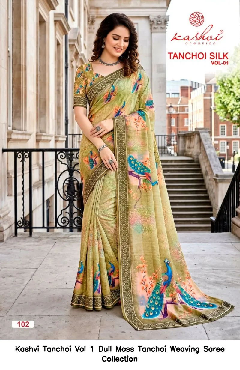 Kashvi Tanchoi Vol 1 Dull Moss Tanchoi Weaving Saree Collection - Image 3