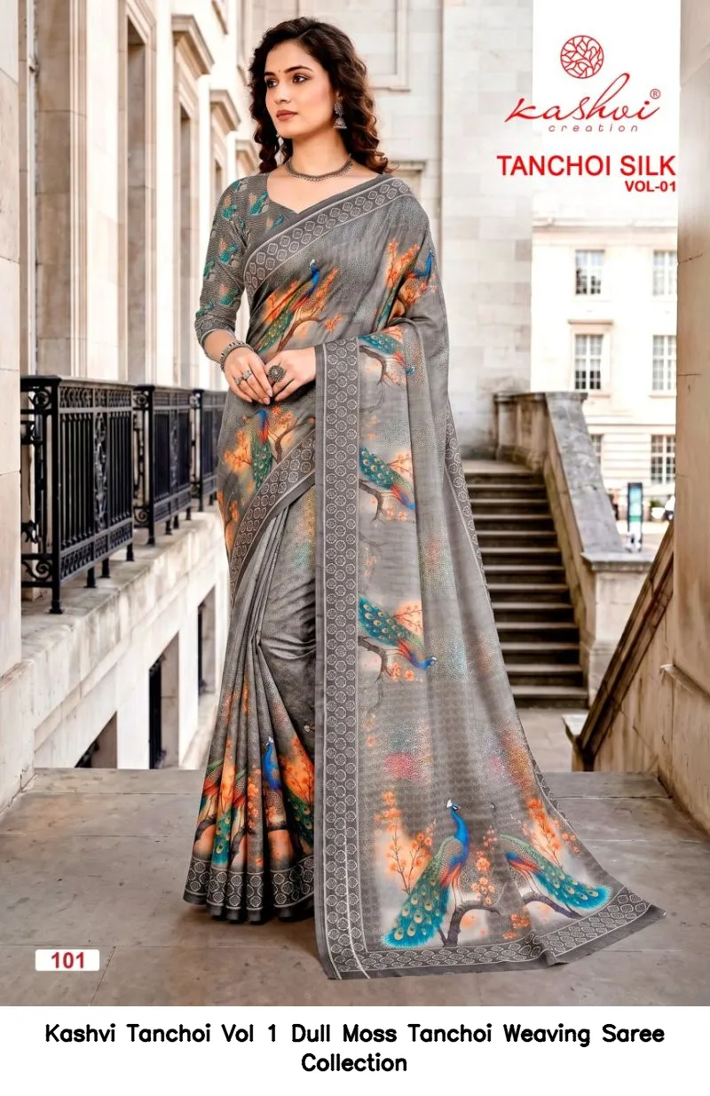 Kashvi Tanchoi Vol 1 Dull Moss Tanchoi Weaving Saree Collection - Image 4