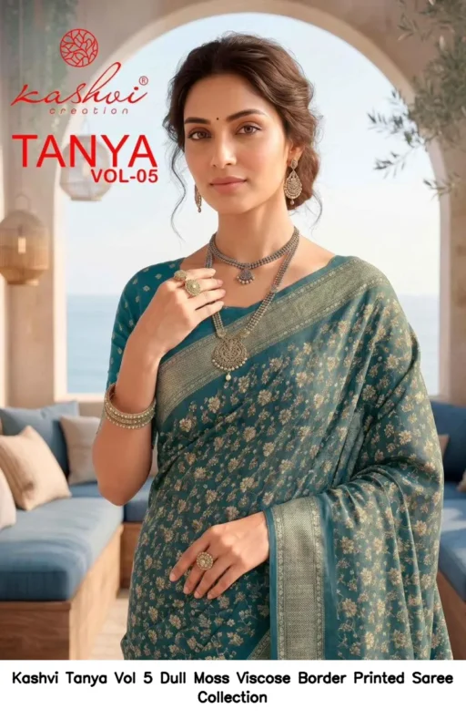 Kashvi Tanya Vol 5 Dull Moss Viscose Border Printed Saree Collection