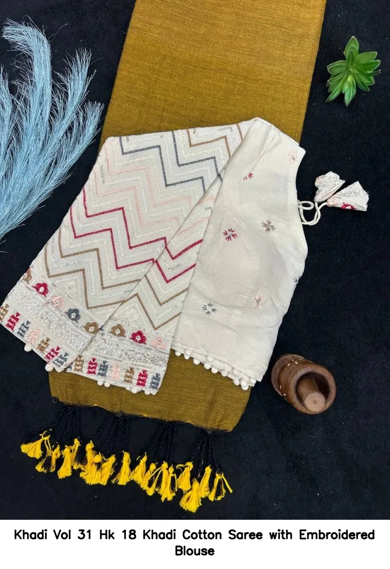 Khadi Vol 31 Hk 18 Khadi Cotton Saree with Embroidered Blouse - Image 3