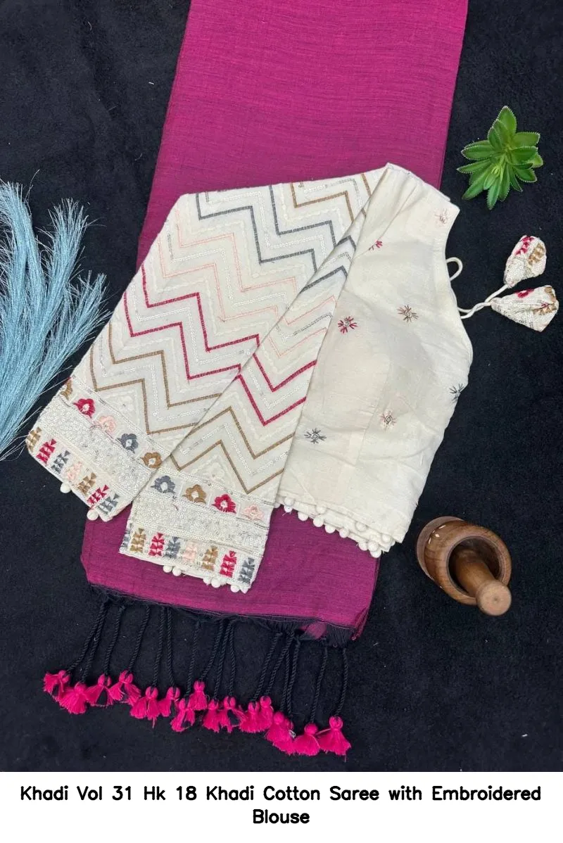 Khadi Vol 31 Hk 18 Khadi Cotton Saree with Embroidered Blouse - Image 6