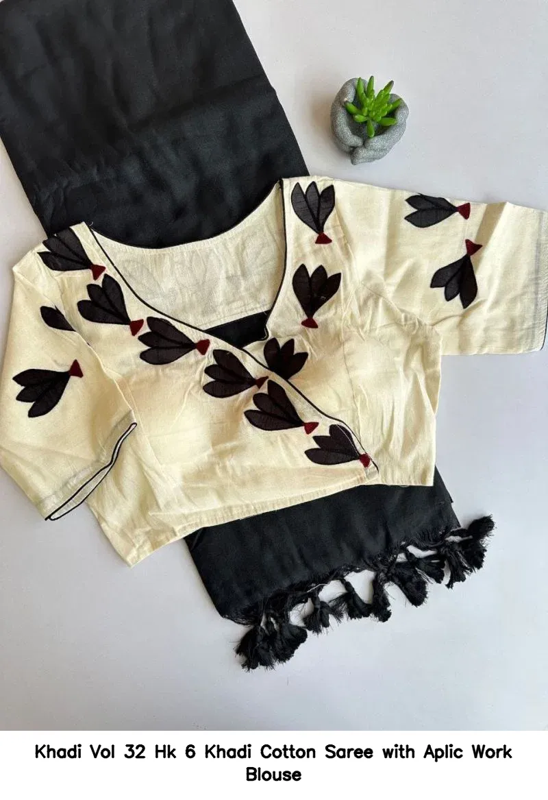 Khadi Vol 32 Hk 6 Khadi Cotton Saree with Aplic Work Blouse - Image 11