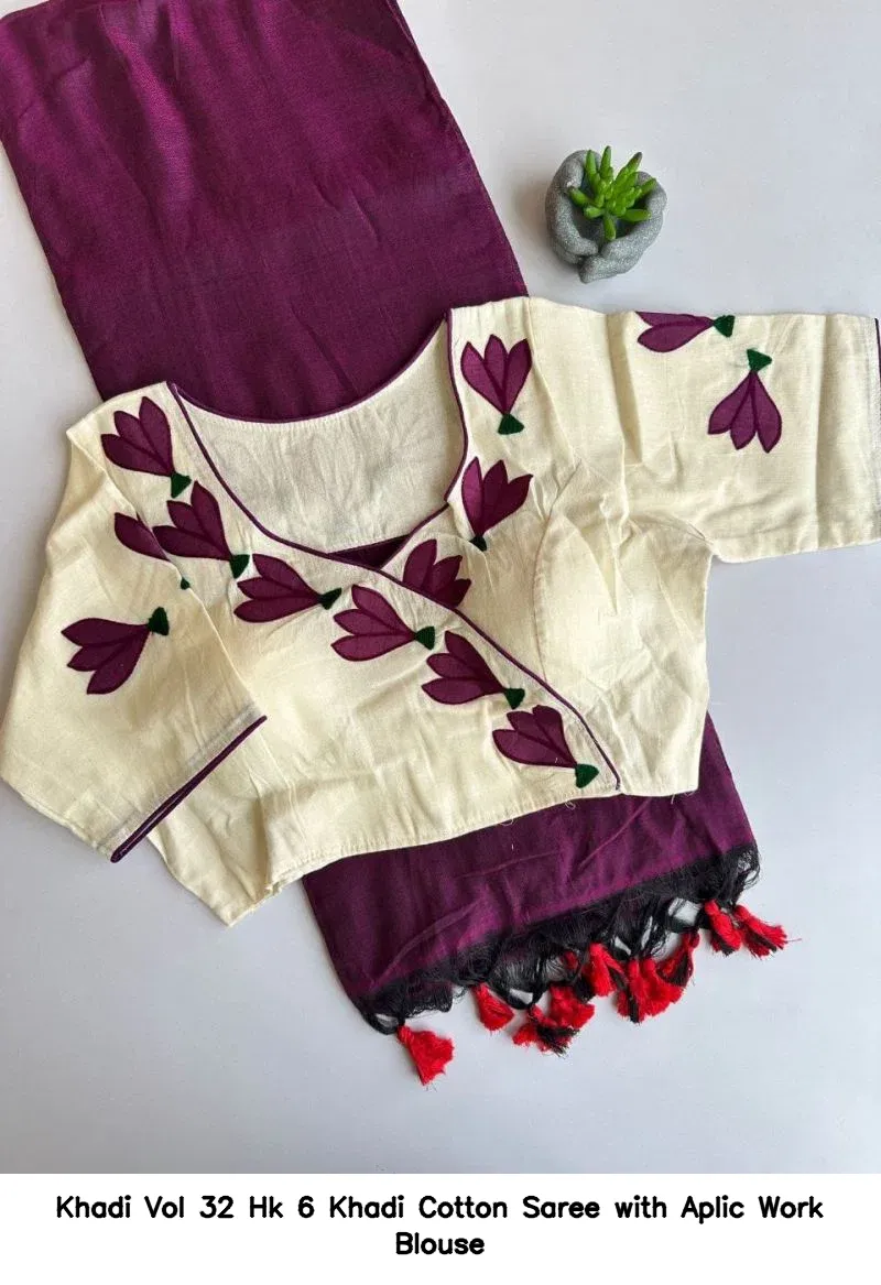 Khadi Vol 32 Hk 6 Khadi Cotton Saree with Aplic Work Blouse - Image 3