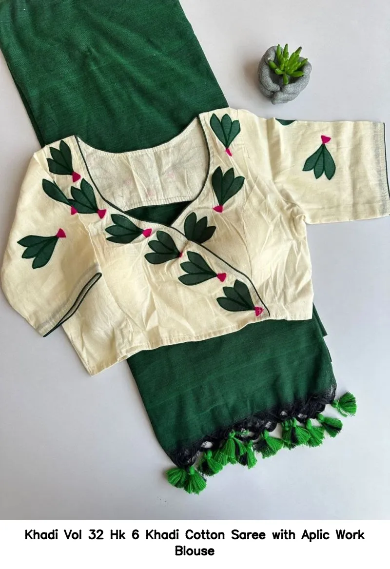 Khadi Vol 32 Hk 6 Khadi Cotton Saree with Aplic Work Blouse - Image 4