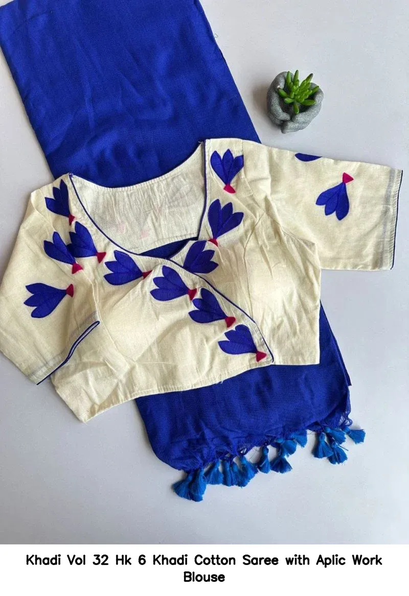 Khadi Vol 32 Hk 6 Khadi Cotton Saree with Aplic Work Blouse - Image 6