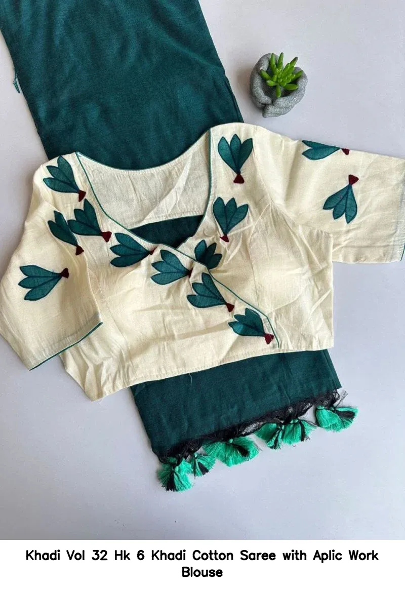 Khadi Vol 32 Hk 6 Khadi Cotton Saree with Aplic Work Blouse - Image 7