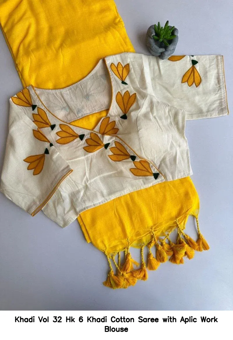Khadi Vol 32 Hk 6 Khadi Cotton Saree with Aplic Work Blouse - Image 9