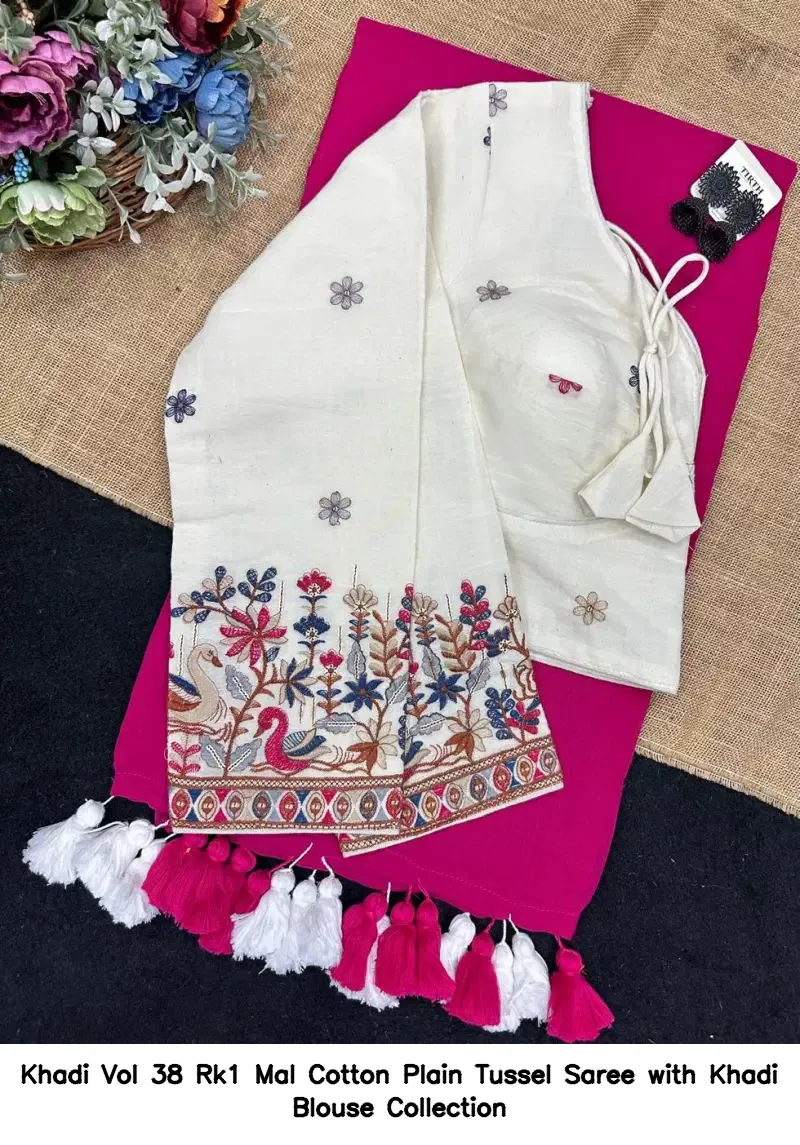 Khadi Vol 38 Rk1 Mal Cotton Plain Tussel Saree with Khadi Blouse Collection - Image 12