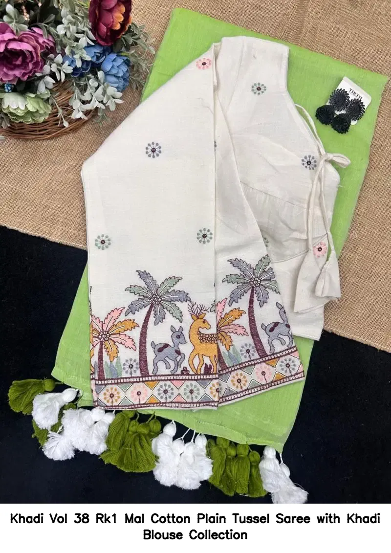 Khadi Vol 38 Rk1 Mal Cotton Plain Tussel Saree with Khadi Blouse Collection - Image 15