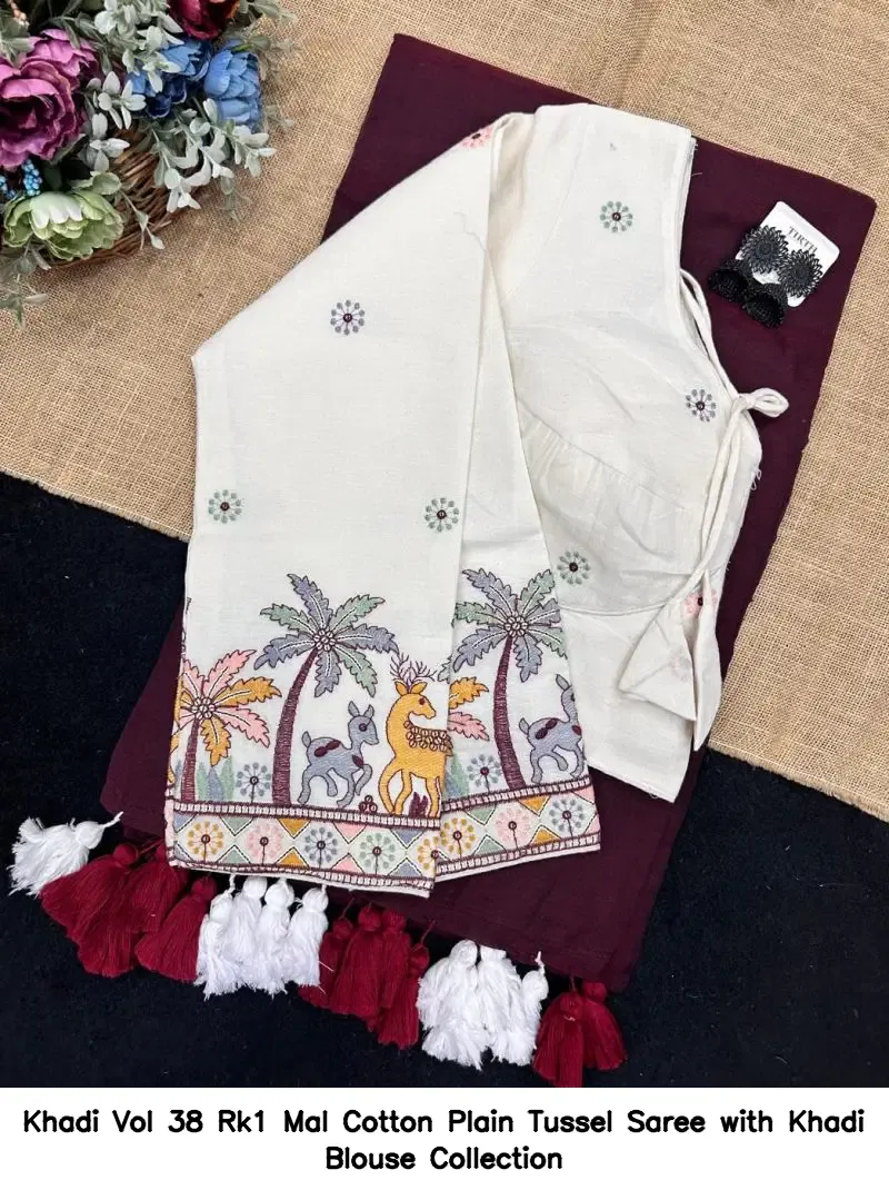 Khadi Vol 38 Rk1 Mal Cotton Plain Tussel Saree with Khadi Blouse Collection - Image 16