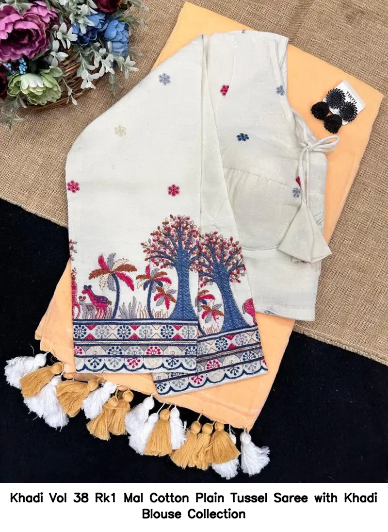 Khadi Vol 38 Rk1 Mal Cotton Plain Tussel Saree with Khadi Blouse Collection - Image 17