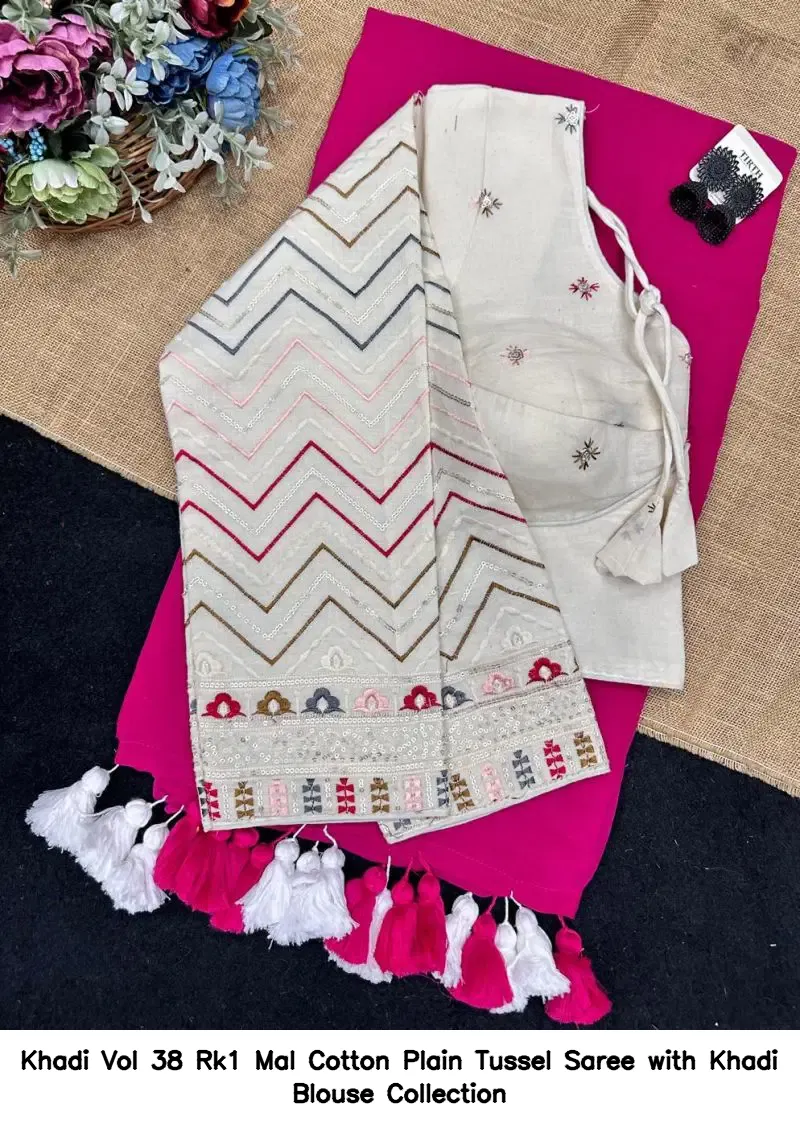 Khadi Vol 38 Rk1 Mal Cotton Plain Tussel Saree with Khadi Blouse Collection - Image 19