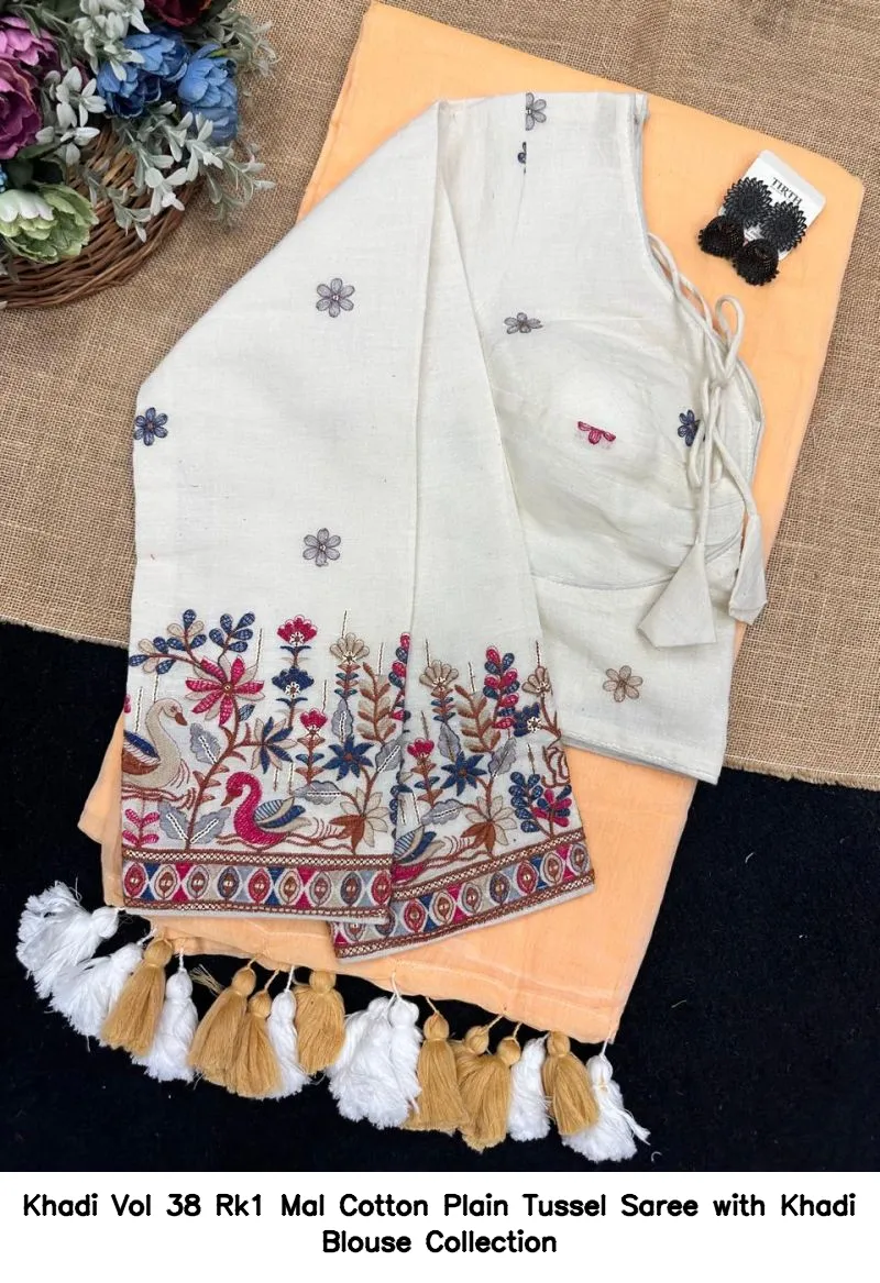 Khadi Vol 38 Rk1 Mal Cotton Plain Tussel Saree with Khadi Blouse Collection - Image 2