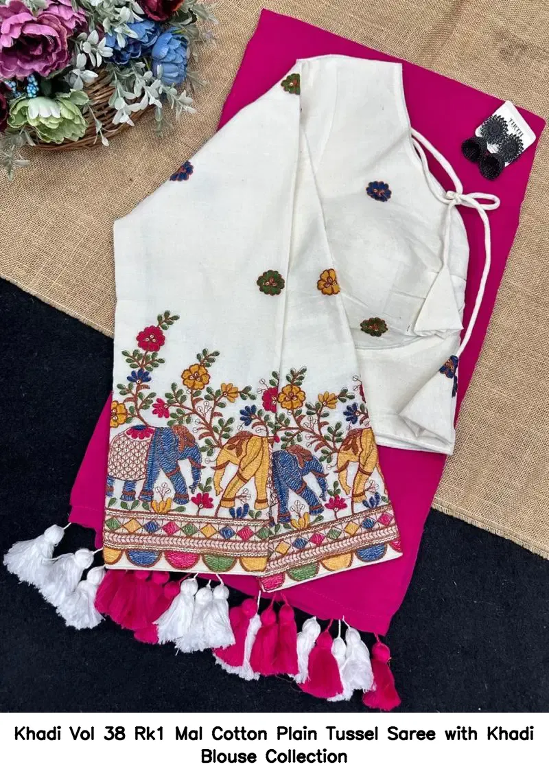 Khadi Vol 38 Rk1 Mal Cotton Plain Tussel Saree with Khadi Blouse Collection - Image 3