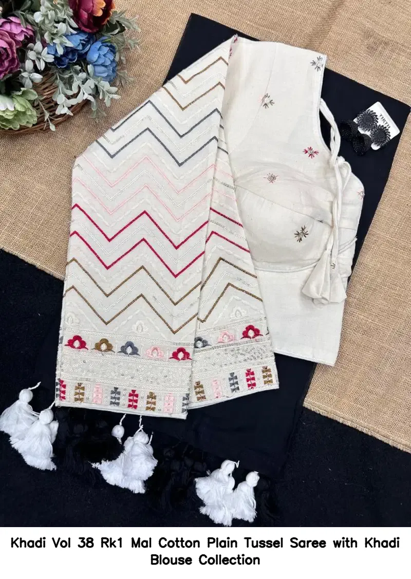 Khadi Vol 38 Rk1 Mal Cotton Plain Tussel Saree with Khadi Blouse Collection - Image 4