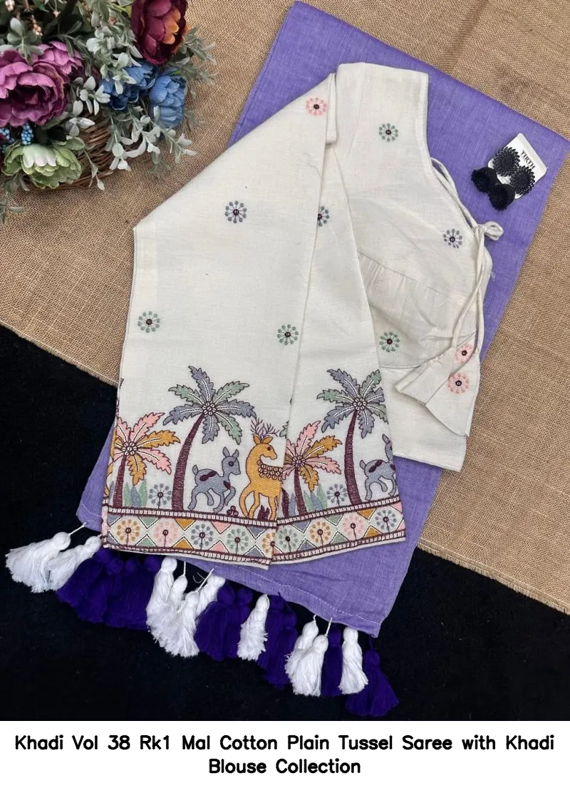 Khadi Vol 38 Rk1 Mal Cotton Plain Tussel Saree with Khadi Blouse Collection - Image 5